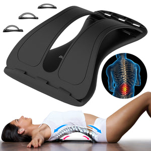 A black Back Magic back stretcher displayed with three adjustable arch levels. A person is shown lying on their back, demonstrating how the device supports spinal stretching. The image features an illustration of a spine highlighting the area of relief.