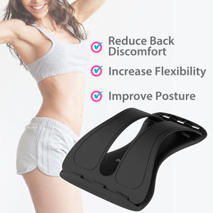 A woman in workout attire uses the Back Magic back stretcher. The image highlights three key benefits of the product: reducing back discomfort, enhancing flexibility, and improving posture. The back stretcher is prominently placed beside her.