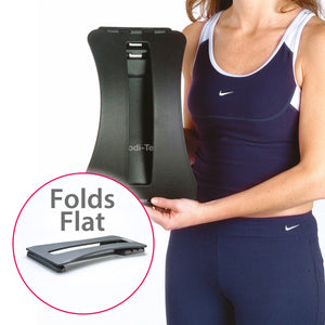 A close-up image of the Back Magic back stretcher being held up by a young woman. An inset shows the back stretcher folded flat for easy storage.