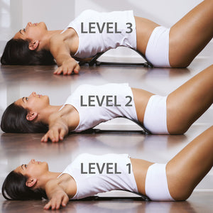 Three side-by-side images showing a woman using the Back Magic back stretcher at different arch heights—Level 1, Level 2, and Level 3—demonstrating varying degrees of spinal stretch and back support.