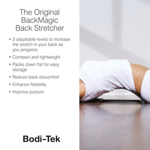 A promotional graphic for the Back Magic Plus back stretcher, detailing features such as its 3 adjustable levels, dual-sided design, and acupressure points. The text highlights its portability, ability to ease back ache, improve flexibility, and correct posture.