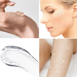 A collage of images demonstrating the use and texture of Bodi-Tek Conductive Gel. In the top-left, the electrolytic gel is applied to a hand, while the top-right image shows it on the face. The bottom-left is a close-up of the clear, water-based gel, and the bottom-right image shows the gel applied to the arm, perfect for use with EMS and TENS devices.