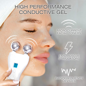 A woman applying Bodi-Tek Conductive Gel while using a facial toning device. This microcurrent conductive gel improves conductivity for various beauty and therapy devices, including EMS, TENS, microcurrent facial toners, and radiofrequency treatments, promoting optimal skin toning and stimulation.