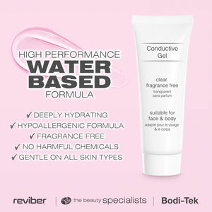 A promotional image showcasing Bodi-Tek Conductive Gel against a pink background. The gel is water-based, deeply hydrating, and hypoallergenic, making it gentle on all skin types. This fragrance-free electrolytic gel is ideal for use with EMS and TENS devices as well as microcurrent facial toners.