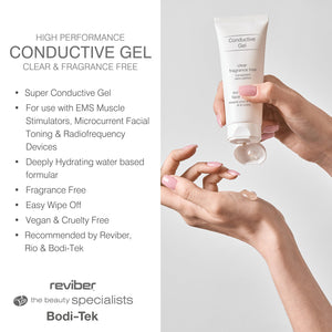 A person applying Bodi-Tek Conductive Gel, which is formulated for use with EMS, TENS, microcurrent facial toners, and radiofrequency devices. The water-based, hydrating formula is fragrance-free and suitable for sensitive skin, offering enhanced conductivity for facial and body treatments.