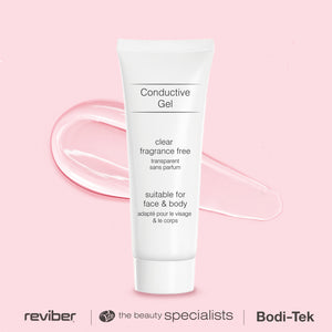 A product display of Bodi-Tek Conductive Gel, set against a pink background. This clear, fragrance-free water-based gel enhances conductivity, making it ideal for use with EMS, microcurrent devices, and TENS, suitable for facial and body treatments. Featured brands include Reviber, Rio Beauty, and Bodi-Tek.